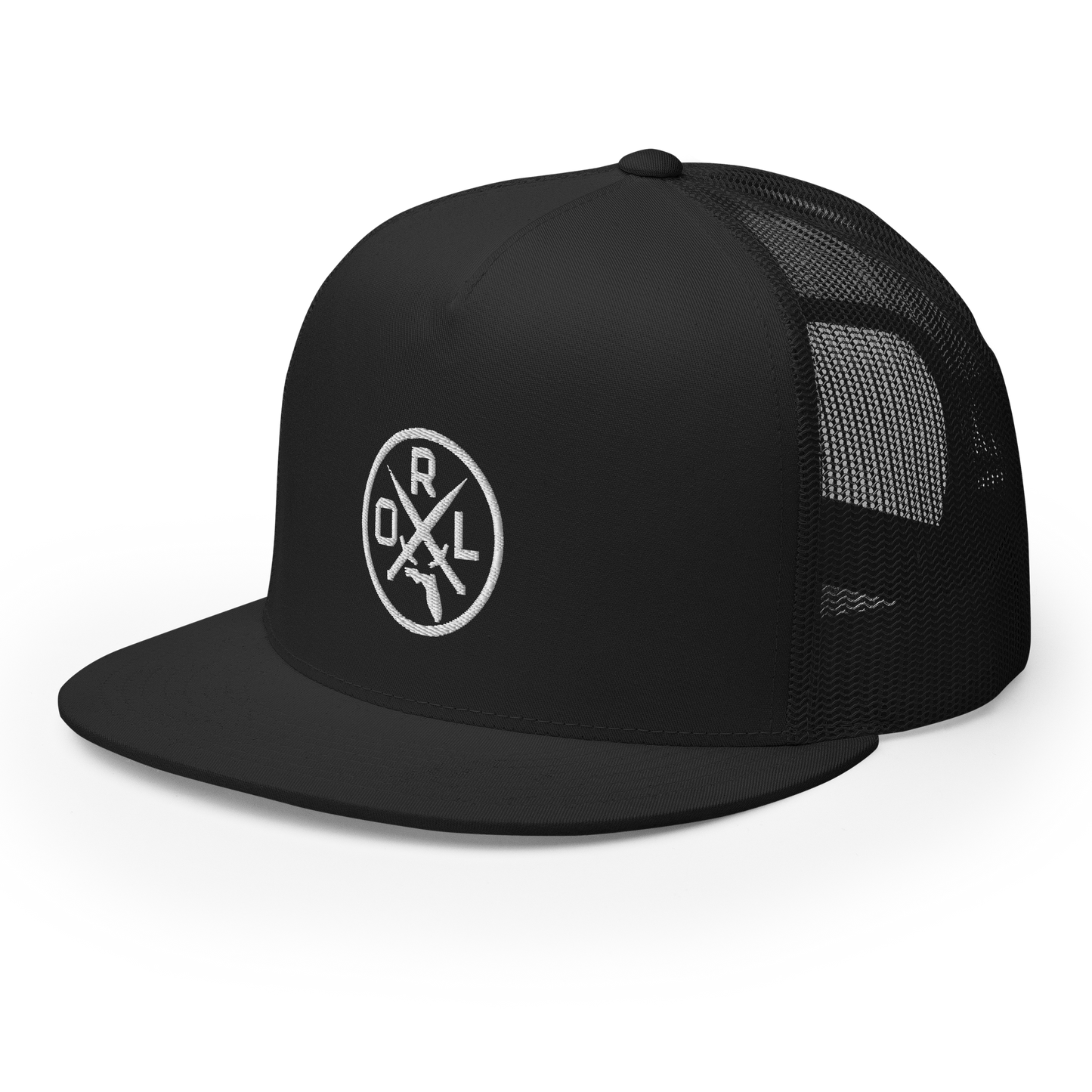 Front side view of all-black Orlando Snapback Hat with a contrasting white logo.