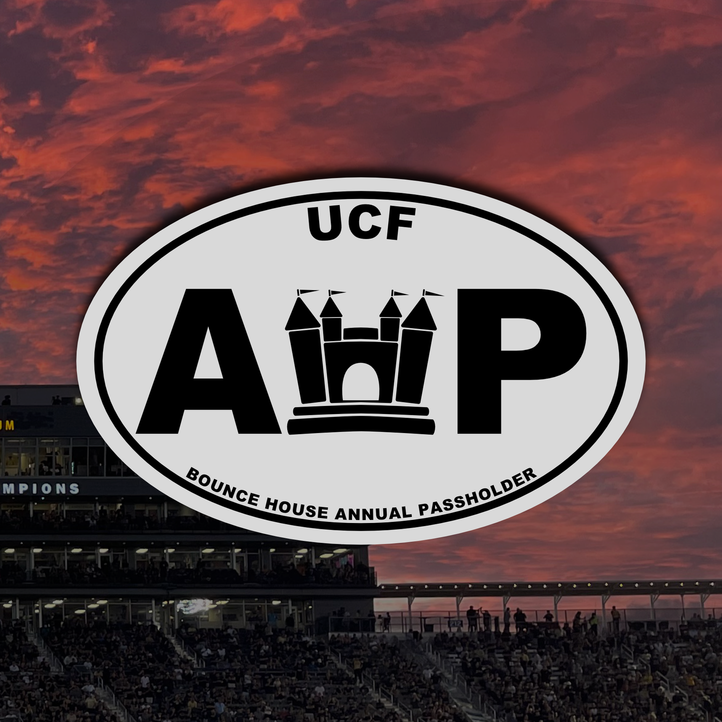 UCF Bounce House Annual Passholder round magnet featuring a black and white castle emblem with the letters 'A&P'.