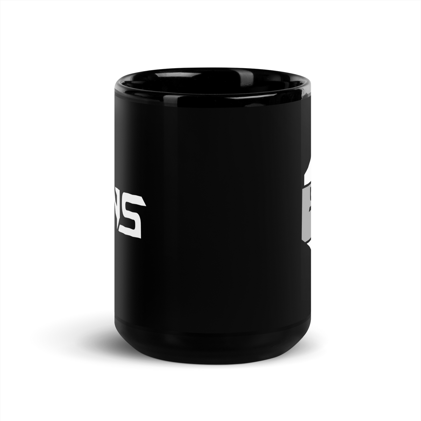 Front view of Sons of UCF Black Glossy Mug with both logos.