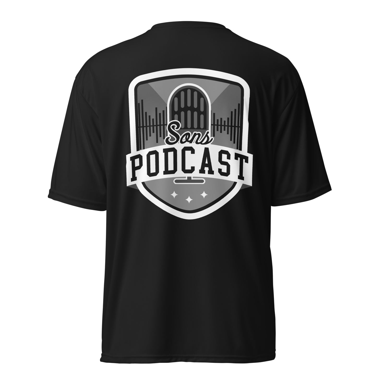 Back view of Sons Podcast Performance Shirt showing reinforced seams and relaxed fit.