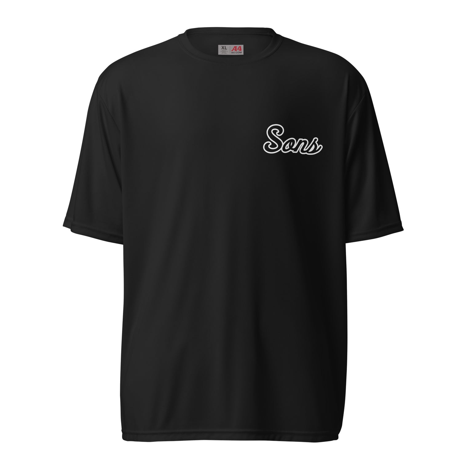 Front view of Sons Podcast Performance Shirt featuring the Sons of UCF logo.